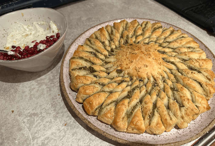 a tarte soleil looking a little pale, with a delicious looking dip